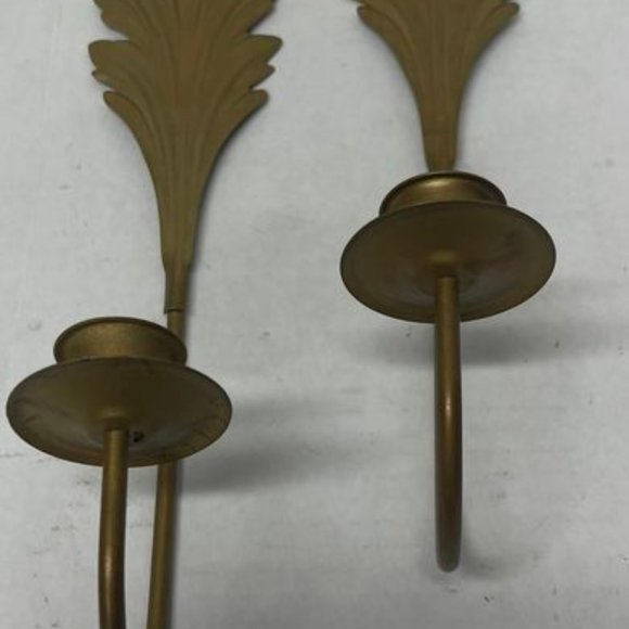 SET 2 Home Interiors & Gifts Brass Leaf  Design Single Candle Sconces 15.5".. - Picture 2 of 4